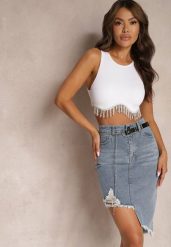 Niebieska Asymetryczna Bawełniana Spódnica Jeansowa High Waist z Łańcuchem i Paskiem Vimaliene. Niebieskie spódnice Renee, m, bez wzorów, z bawełny, mini, asymetryczne. W wyprzedaży za 32.99 zł.