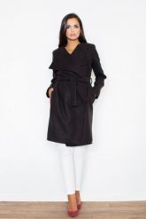 Czarny Elegancki Płaszcz Oversize Przewiązany Paskiem. Czarne płaszcze Figl, l, bez wzorów, z materiału, eleganckie, bez kaptura. Za 389.00 zł.