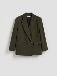Dwurzędowa marynarka - ciemnozielony. Zielone marynarki i żakiety Reserved, l, bez wzorów, z tkaniny, bez ramiączek. Za 249.99 zł.