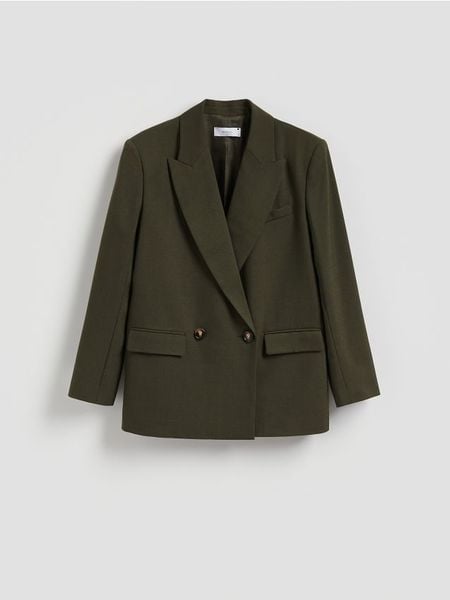 Dwurzędowa marynarka - ciemnozielony. Zielone marynarki i żakiety Reserved, l, bez wzorów, z tkaniny, bez ramiączek. Za 249.99 zł.