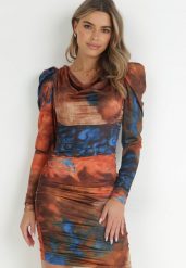 Pomarańczowa Sukienka Tie-Dye z Bufiastym Rękawem Haki. Brązowe sukienki Born2be, na co dzień, m, bez wzorów, eleganckie, bez kołnierzyka, bez ramiączek, mini, dopasowane. W wyprzedaży za 101.99 zł.