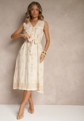 Beżowa Koszulowa Sukienka z Wiskozy Ozdobiona Paskiem i Haftami Aralova. Brązowe sukienki Renee, na co dzień, l, bez wzorów, z wiskozy, eleganckie, bez kołnierzyka, bez ramiączek, midi, koszulowe. W wyprzedaży za 135.99 zł.