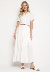 Biała Wiskozowa Sukienka o Koszulowym Fasonie z Wąskim Paskiem Fillamea. Białe sukienki Born2be, na spotkanie biznesowe, l, z aplikacjami, z wiskozy, eleganckie, bez kołnierzyka, bez ramiączek, maxi, koszulowe. Za 119.99 zł.