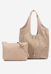 Ciemnobeżowa Ażurowa Torebka Shopperka z Saszetką Merazina. Brązowe nerki i saszetki Born2be, w ażurowe wzory, z jeansu, bez dodatków. Za 139.99 zł.