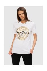 VERSACE Biały t-shirt damski ze złotą meduzą. Białe t-shirty Versace, s, bez wzorów, z bawełny, bez kołnierzyka, bez ramiączek. W wyprzedaży za 689.99 zł.
