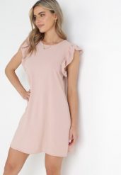 Różowa Pudełkowa Sukienka Mini z Falbankami przy Ramionach Alizea. Czerwone sukienki Born2be, na imprezę, bez wzorów, bez kołnierzyka, bez ramiączek, mini. Za 89.99 zł.