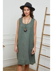 Joséfine Lniana sukienka w kolorze khaki rozmiar: XL. Brązowe sukienki Joséfine, na co dzień, xl, bez wzorów, ze lnu, bez kołnierzyka, bez ramiączek, midi, proste. Za 176.08 zł.
