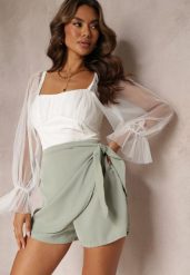 Zielone Szorty High Waist z Gumką w Pasie i Zakładką Wiązaną na Boku Asirna. Zielone szorty Renee, bez wzorów. W wyprzedaży za 55.99 zł.