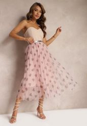 Różowa Tiulowa Rozkloszowana Spódnica Plisowana z Aplikacjami Serc i Gumką w Pasie Missari. Czerwone spódnice Renee, na co dzień, l, z aplikacjami, z tiulu, eleganckie, midi, plisowane. W wyprzedaży za 32.99 zł.