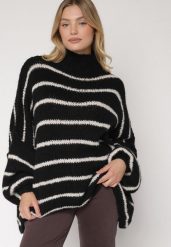 Czarny Golf Oversize w Paski z Domieszką Wełny i Wiskozy Nexeia. Czarne swetry Born2be, bez wzorów, z jeansu, eleganckie, bez ramiączek. Za 159.99 zł.