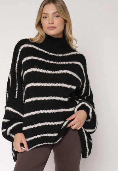 Czarny Golf Oversize w Paski z Domieszką Wełny i Wiskozy Nexeia. Czarne swetry Born2be, bez wzorów, z jeansu, eleganckie, bez ramiączek. Za 159.99 zł.