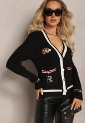 Czarny Wiskozowy Sweter Kardigan z Biżuteryjnymi Guzikami i Ozdobnymi Naszywkami Puanissa. Czarne swetry Renee, z aplikacjami, z wiskozy, bez ramiączek. W wyprzedaży za 143.99 zł.