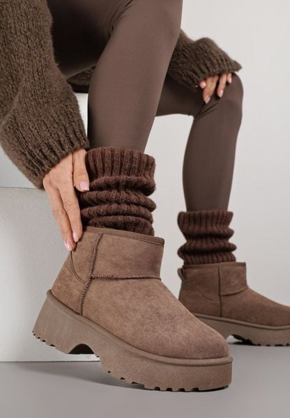 Brązowe Śniegowce z Imitacji Zamszu o Wsuwanym Fasonie na Platformie Reilessa. Brązowe śniegowce Renee, bez wzorów, z dzianiny, bez zapięcia. Za 79.99 zł.