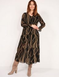 Wzorzysta sukienka. Sukienki Unisono, s, bez wzorów, z tkaniny, bez kołnierzyka, bez ramiączek, midi. Za 189.00 zł.