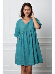 Fleur de Lin Lniana sukienka "Etsy" w kolorze turkusowym rozmiar: XL. Niebieskie sukienki Fleur de Lin, xl, bez wzorów, ze lnu, bez kołnierzyka, bez ramiączek, mini. Za 179.64 zł.