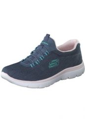 Buty treningowe damskie, Skechers Summits - Fun Flair. Niebieskie buty treningowe Skechers, na lato, bez wzorów, z materiału, przed kostkę, bez zapięcia, na fitness i siłownię. Za 249.99 zł.