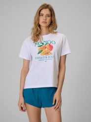 4F T-shirt loose z nadrukiem damski - biały S. Białe t-shirty 4f, s, bez wzorów, z bawełny, bez kołnierzyka, bez ramiączek. W wyprzedaży za 49.99 zł.