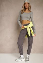 Brązowe Spodnie Joggery z Bawełny High Waist ze Sznurowaniem Xarvania. Szare jeansy Renee, bez wzorów, z bawełny, z podwyższonym stanem. W wyprzedaży za 43.99 zł.