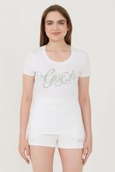 GUESS Biały damski t-shirt Script, Rozmiar S. Białe t-shirty Guess, s, z aplikacjami, bez kołnierzyka, bez ramiączek. W wyprzedaży za 204.99 zł.