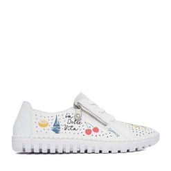 Półbuty Rieker. Białe półbuty wsuwane Rieker, bez wzorów, bez obcasa, na płaskiej podeszwie. Za 339.99 zł.