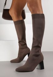 Brązowe Eleganckie Kozaki VICES na Słupku ze Skarpetkową Cholewką Mialles. Brązowe kozaki Born2be, bez wzorów, z jeansu, biznesowe, bez obcasa, na obcasie, bez zapięcia. Za 149.99 zł.