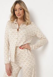 Beżowa Koszula z Metalicznymi Guzikami i Oryginalnym Wzorem Orlenmdra. Brązowe koszule Born2be, l, bez wzorów, biznesowe, bez kołnierzyka, bez ramiączek. Za 59.99 zł.