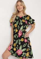Czarna Bawełniana Sukienka w Kwiatowy Wzór z Wiązaniem w Talii i na Rękawach Tosmira. Czarne sukienki Born2be, na co dzień, xl, bez wzorów, z bawełny, eleganckie, bez kołnierzyka, bez ramiączek, midi. Za 89.99 zł.