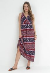 Granatowo-Różowa Sukienka Maxi z Wiskozy w Fantazyjny Wzór Wellilne. Niebieskie sukienki Born2be, l, bez wzorów, z wiskozy, bez kołnierzyka, bez ramiączek, maxi. Za 99.99 zł.