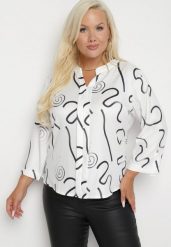 Biała Bluzka w Stylu Koszuli z Bawełną z Regulowanymi Rękawami i Geometrycznym Wzorem Merindelle. Białe bluzki Born2be, l, bez wzorów, z bawełny, bez kołnierzyka, bez ramiączek. W wyprzedaży za 63.74 zł.
