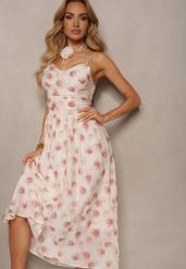 Różowo-Beżowa Sukienka z Chokerem z Kwiatem o Rozkloszowanym Kroju na Ramiączkach Kremeria. Czerwone sukienki Renee, na imprezę, l, bez wzorów, eleganckie, bez kołnierzyka, bez ramiączek, midi, rozkloszowane. W wyprzedaży za 143.99 zł.