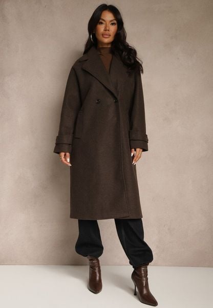 Brązowy Elegancki Płaszcz z Wełny i Wiskozy o Dwurzędowym Kroju Oversize Tilisana. Brązowe płaszcze Renee, m, bez wzorów, z poliesteru, eleganckie, bez kaptura. Za 279.99 zł.