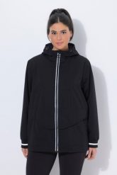 Damskie Kurtka funkcyjna wodoodporna odblaskowy nadruk kaptur. Czarne kurtki Ulla Popken, plus size, bez wzorów, z materiału, z kapturem. Za 599.99 zł.