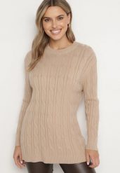 Beżowy Sweter z Wiskozą i Ozdobnym Splotem Savria. Brązowe swetry Born2be, na zimę, bez wzorów, z wiskozy, bez ramiączek. W wyprzedaży za 93.49 zł.