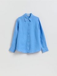 Lniana koszula - niebieski. Niebieskie koszule Reserved, l, bez wzorów, z tkaniny, bez kołnierzyka, bez ramiączek. Za 129.99 zł.