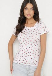 Biały Bawełniany T-shirt w Kwiatowy Wzór Savele. Białe t-shirty Born2be, l, z aplikacjami, z bawełny, biznesowe, bez kołnierzyka, bez ramiączek. W wyprzedaży za 29.74 zł.