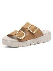 S.Oliver Klapki w kolorze jasnobrązowym rozmiar: 38. Brązowe klapki S.Oliver, bez wzorów, klasyczne, z otwartym noskiem, bez obcasa, na platformie, bez zapięcia. Za 121.99 zł.