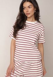 Czerwono-Biały Bawełniany T-shirt w Poziome Paski Rive. Białe t-shirty Born2be, l, bez wzorów, z bawełny, klasyczne, bez kołnierzyka, bez ramiączek. Za 59.99 zł.