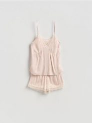 Dwuczęściowa piżama z wiskozy - kremowy. Białe piżamy Reserved, l, bez wzorów, z tkaniny, bez kołnierzyka, bez ramiączek. Za 119.99 zł.