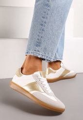 Biało-Złote Sneakersy Tenisówki o Klasycznym Fasonie Do Kostki Satrama. Białe trampki Born2be, bez wzorów, z jeansu, eleganckie, bez zapięcia. W wyprzedaży za 72.24 zł.