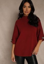 Bordowy Sweter z Cyrkoniami przy Rękawach Corentusa. Czerwone swetry Renee, m, z aplikacjami, z jeansu, casualowe, bez ramiączek. Za 89.99 zł.