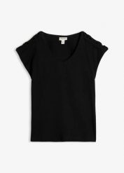 T-shirt z szydełkową wstawką. Czarne t-shirty bonprix, bez wzorów, bez kołnierzyka, bez ramiączek. Za 32.99 zł.