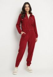 Bordowy Komplet Dresowy z Prążkowanego Materiału Bluza z Kołnierzykiem i Spodnie z Gumką w Pasie Kerulla. Czerwone bluzy Born2be, m, bez wzorów, z dresówki, eleganckie, bez ramiączek, bez kaptura. W wyprzedaży za 67.99 zł.
