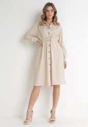 Beżowa Sukienka Midi z Gumką w Pasie i Dodatkowym Paskiem ze Sprzączką Zawadi. Brązowe sukienki Born2be, l, bez wzorów, eleganckie, bez kołnierzyka, bez ramiączek, midi, koszulowe. Za 79.99 zł.