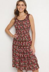 Czarna Sukienka Bawełniana Rozkloszowana w Kwiaty z Guzikami Ronzea. Czarne sukienki Born2be, na spacer, l, bez wzorów, z bawełny, eleganckie, bez kołnierzyka, bez ramiączek, midi, rozkloszowane. Za 69.99 zł.