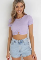 Fioletowy Krótki T-shirt z Ozdobnym Rozcięciem Likina. Fioletowe t-shirty Born2be, s, z aplikacjami, bez kołnierzyka, bez ramiączek. Za 69.99 zł.
