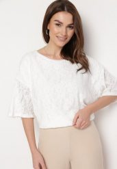 Biała Bluzka Koronkowa z Krótkim Rękawem Kyrielle. Białe bluzki Born2be, m, bez wzorów, z koronki, eleganckie, bez kołnierzyka, bez ramiączek. W wyprzedaży za 29.74 zł.