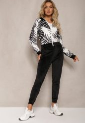 Czarny Welurowy Komplet Dresowy z Wzorzystą Bluzą z Kapturem i Joggerami Rouviana. Czarne bluzy Renee, m, bez wzorów, z dresówki, bez ramiączek, z kapturem. W wyprzedaży za 67.99 zł.