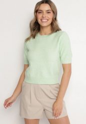 Zielony Sweter z Wełną i Krótkim Rękawem Turosa. Zielone swetry Born2be, bez wzorów, z jeansu, eleganckie, bez ramiączek. W wyprzedaży za 101.99 zł.