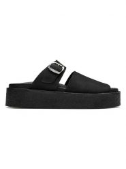 Clarks Skórzane klapki w kolorze czarnym rozmiar: 36. Czarne klapki Clarks, bez wzorów, klasyczne, z otwartym noskiem, bez obcasa, na platformie, bez zapięcia. Za 237.58 zł.