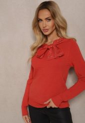 Pomarańczowy Sweter z Prążkowanej Dzianiny z Wiskozą Ozdobiony Cyrkoniami i Wiązaniem Tintorinae. Brązowe swetry Renee, m, bez wzorów, z dzianiny, casualowe, bez ramiączek. W wyprzedaży za 71.99 zł.
